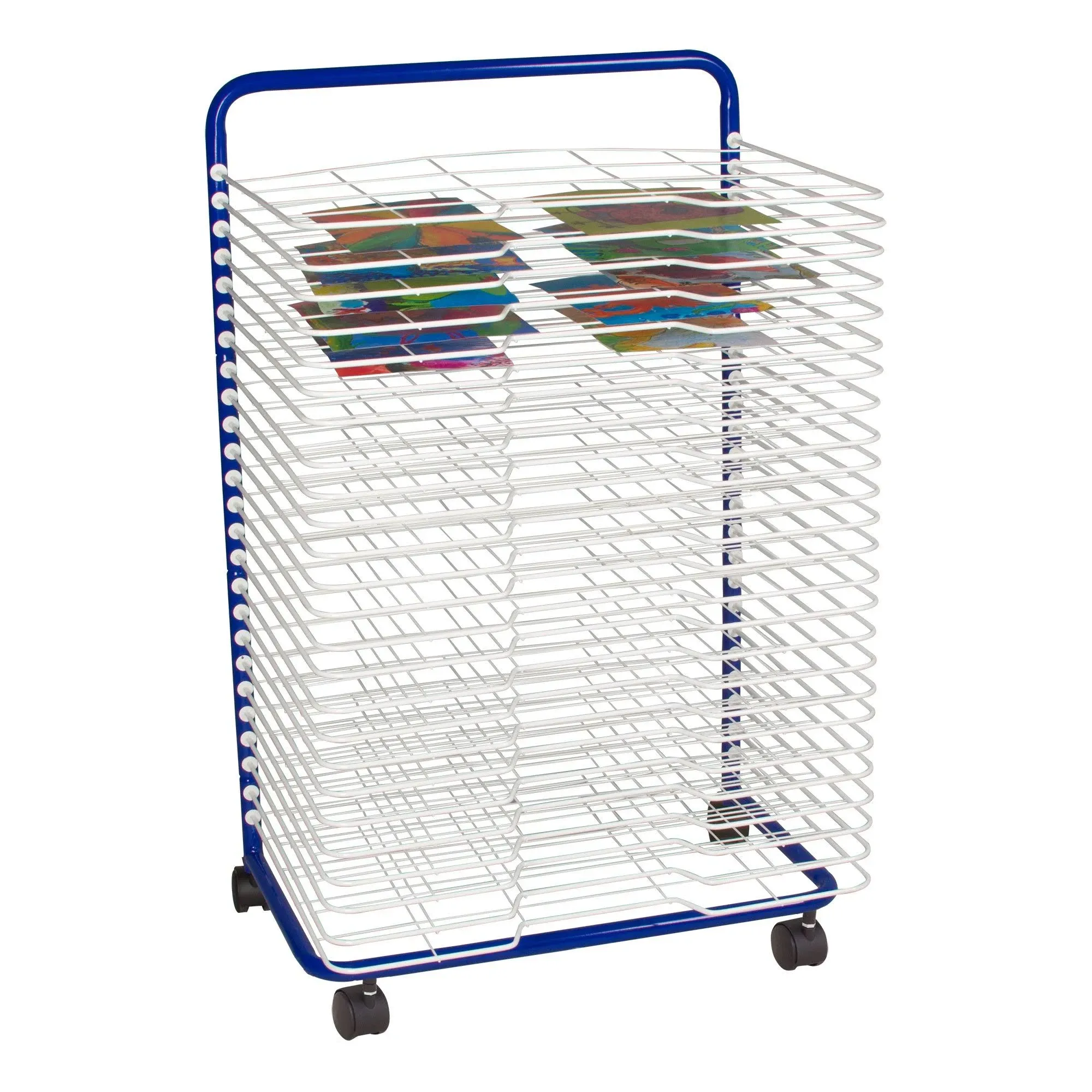 Sprogs 25-Shelf Mobile Art Drying Rack for Classrooms and Art Studios, Heavy-Duty Steel Rolling Art Rack Cart with 25 Shelves, Blue/White