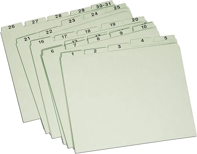 Globe-Weis/Pendaflex Pressboard File Guides, Vertical, Letter Size, 1-31 Index, Light Green, (31PX91)