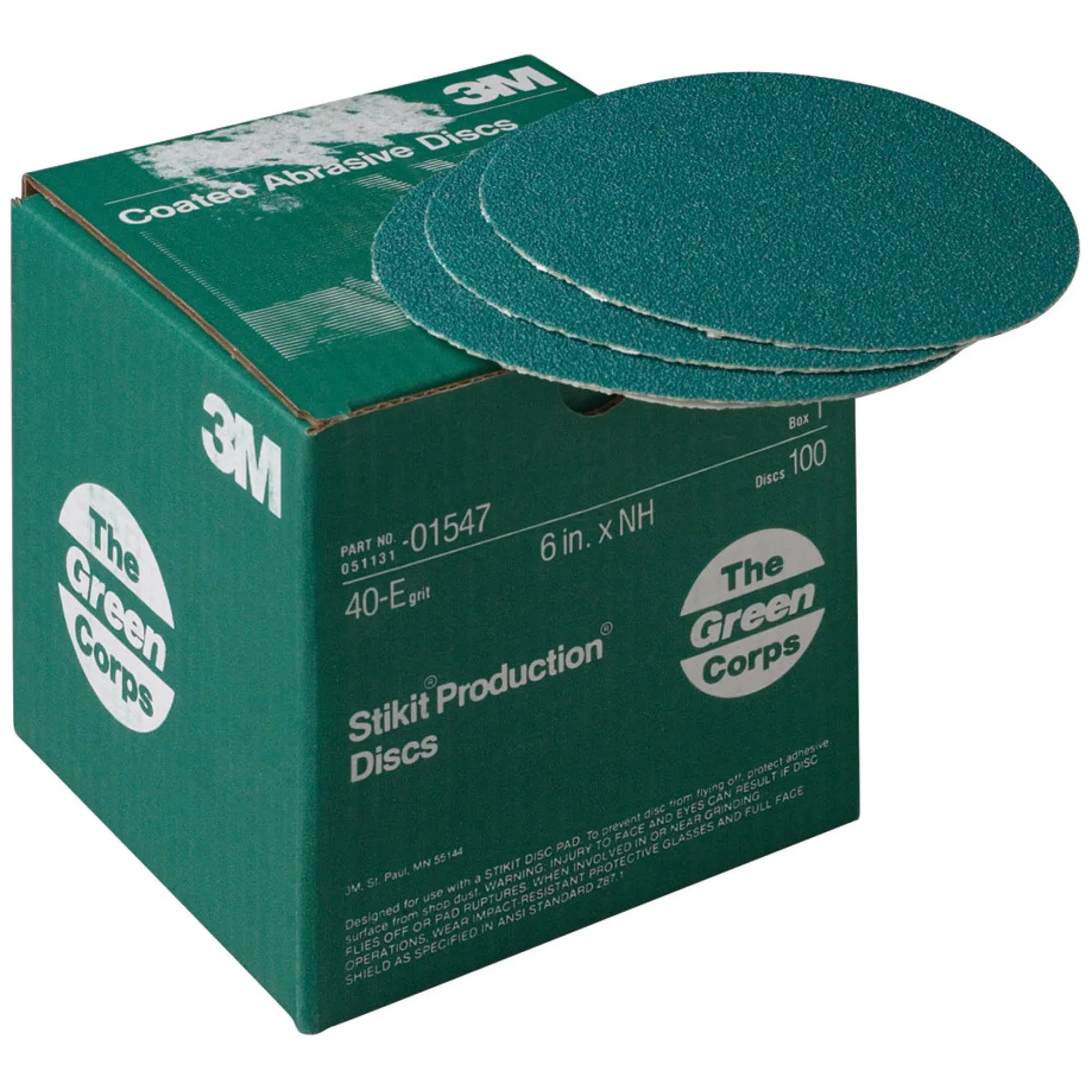 3M Green Corps Hookit Sanding Discs, 01547, No Hole, 6 in, 40+ Grade, Pack of 100 Production Discs, for Coating Removal, Metal Surfaces, Auto Sanding