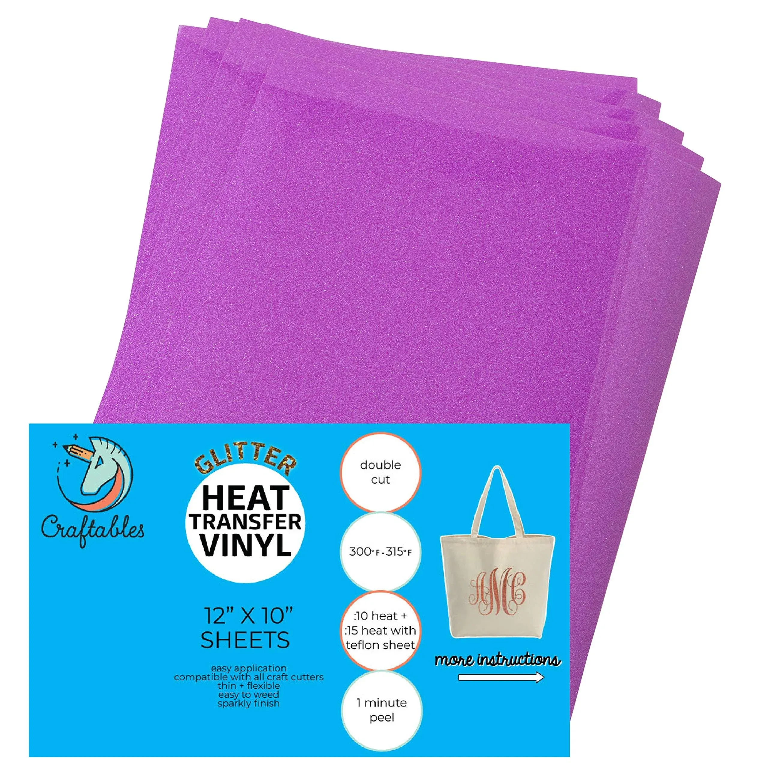 Craftables Bright Purple Glitter Heat Transfer Vinyl, HTV - 5 Sheets Sparkling Easy to Weed Tshirt Iron on Vinyl for Silhouette Cameo, Cricut, all Craft Cutters