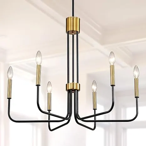 Juhoural Farmhouse Chandelier for Dining Room,Modern 6 Light Black &amp; Gold Candl