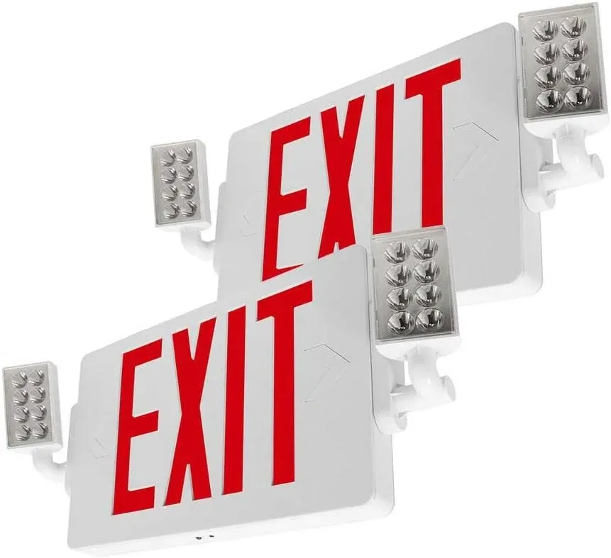 LFI Lights | Thin Combo Red Exit Sign with Emergency Lights | White Housing | All LED | Two Adjustable Heads | Hardwired with Battery Backup | UL Listed | (2 Pack) | COMBOT-R