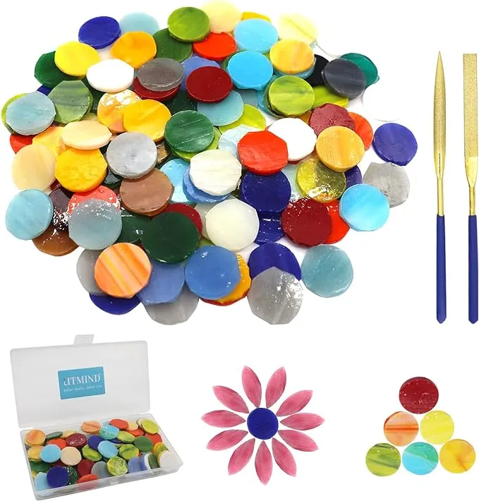 LITMIND 120 Pcs Round Stained Glass Kit, Precut Petal Glass Mosaic Tiles, Staine