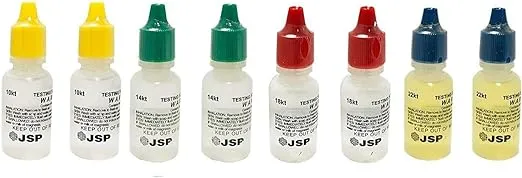 8 PC JSP Gold Testing Acid Solutions 10K 14K 18K 22K - 2 Bottles Each