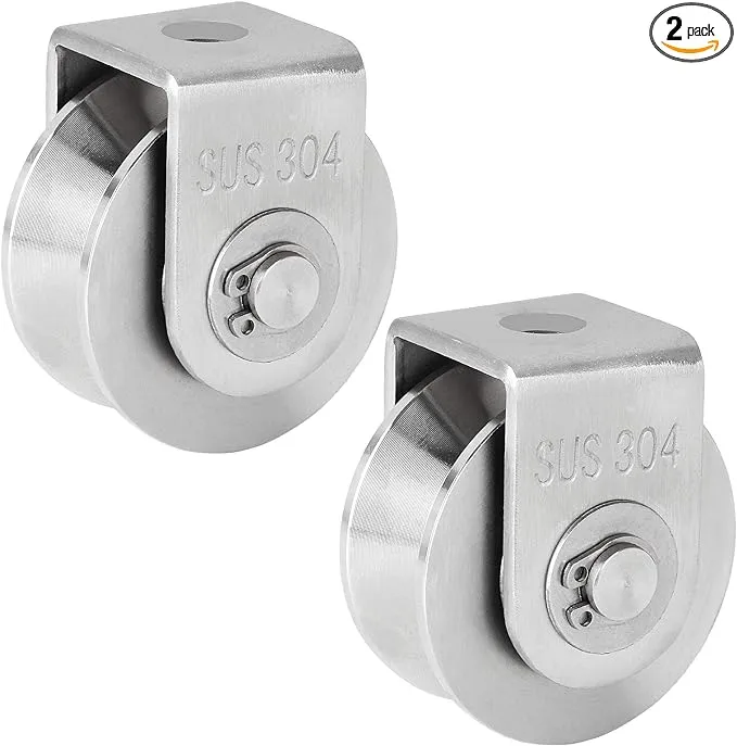 2PCS V Type Pulley Roller 304 Stainless Steel Pulley Block Duplex Bearing Super Silent Heavy Duty Grooved Wheel, Loading 500lb for Material Handling and Moving, Gym Wire Rope Rail Sliding Gate