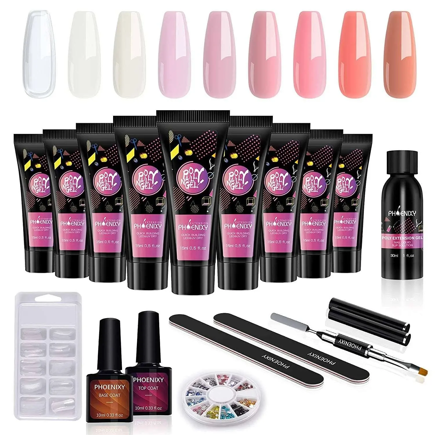 PHOENIXY Poly Extension Gel Nail Kit, 9 Colors Poly Extension Gel Nail Kit White Nude Pink Black Glitter Builder Nail Gel Top Base Coat Nail Enhancement Gel Kit for Beginner Gift for Women