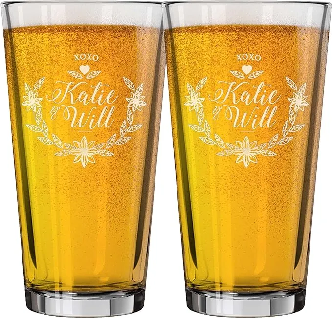 Personalized Couples 16 oz Pint Beer Glasses Gift Set of 2