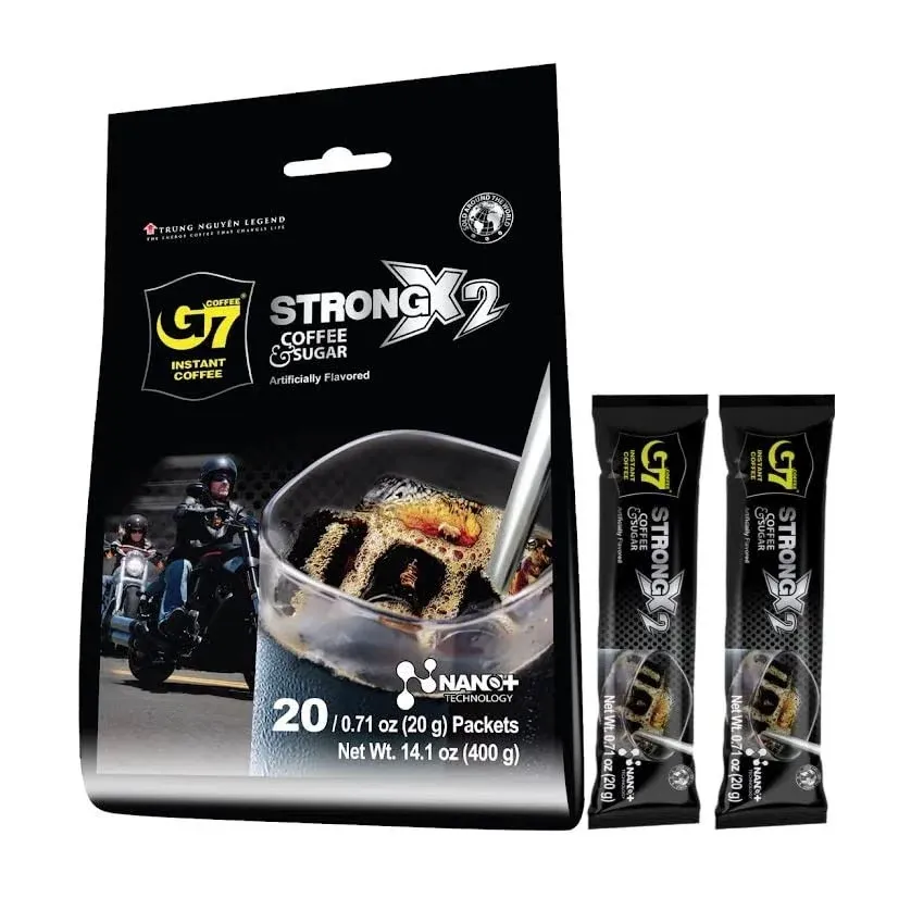 Trung Nguyen G7 Strong X2 Double Strength, 2 in 1 Instant Black Coffee and Sugar (20 Single Serve Packets)