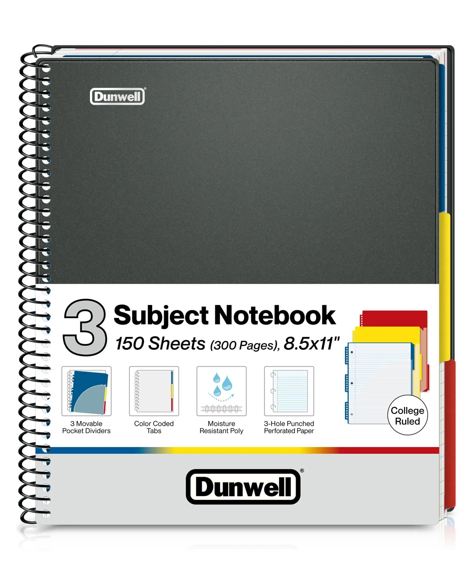 3-Subject Notebook College Ruled - 300 Pages (150 Sheets) Spiral Notebook 8.5 X