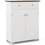 Tangkula Bathroom Storage Cabinet, Freestanding Floor Cabinet with 2 Drawers, 2 Doors, Adjustable Shelf, Wood Kitchen Pantry Cupboard for Bathroom Living Room, Natural & White