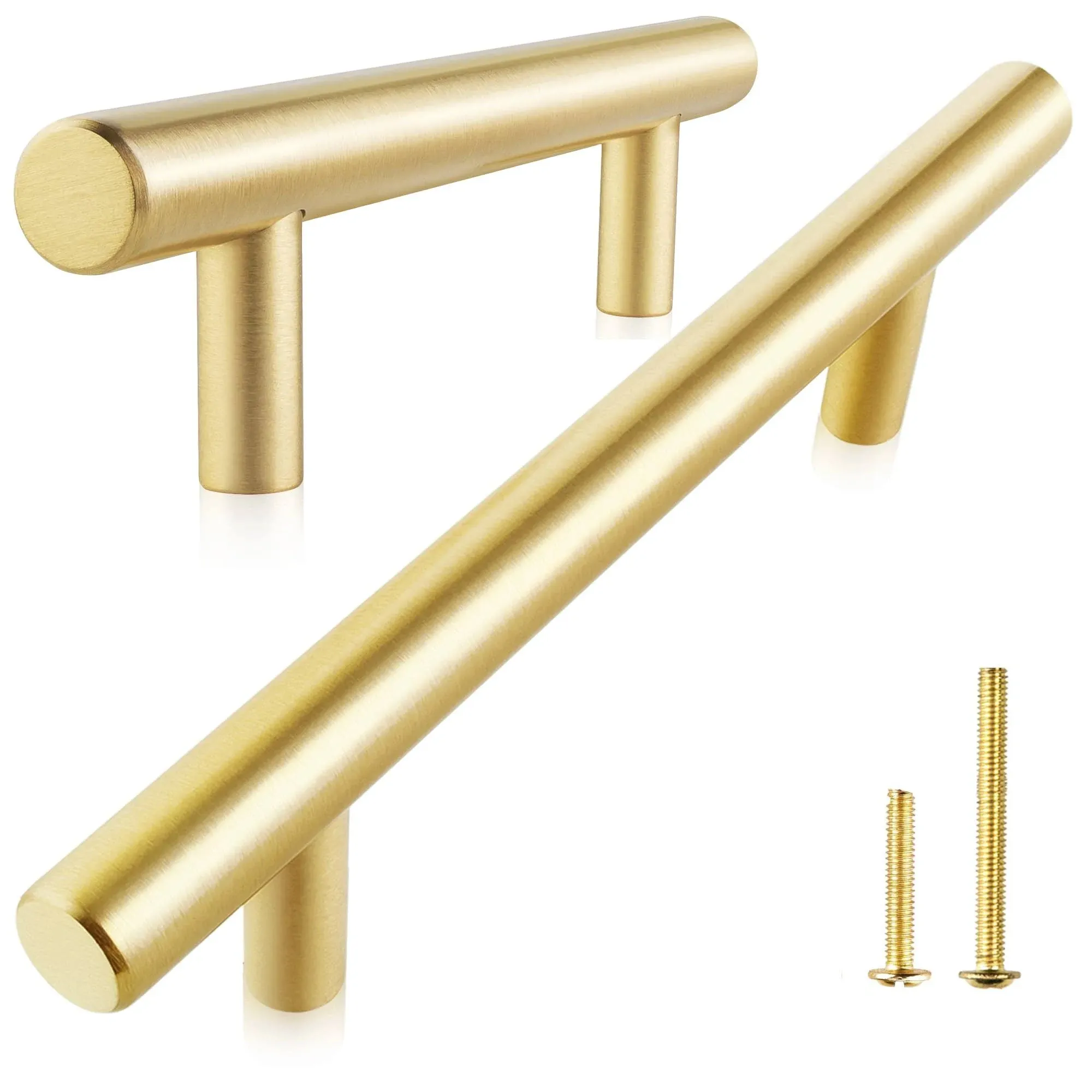 2-Pack Solid Brass Cabinet Pulls Gold Euro T Bar Handles 5-Inch Hole Center f...