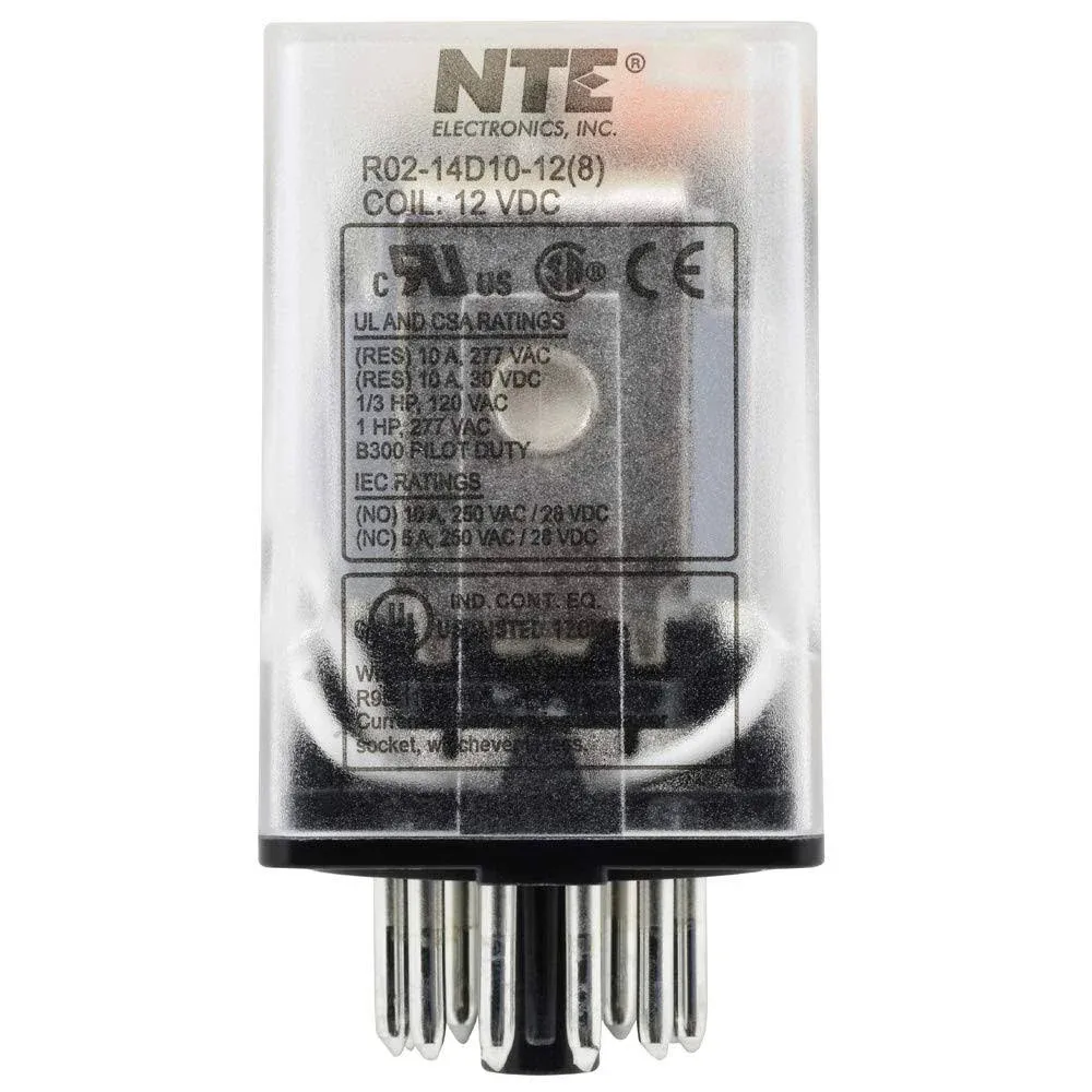 NTE Electronics R02-14D10-12 R02 Series General Purpose Multicontact DC Relay, 3PDT Contact Arrangement, 10 Amp, 11 Pin Octal Plug, 12 VDC