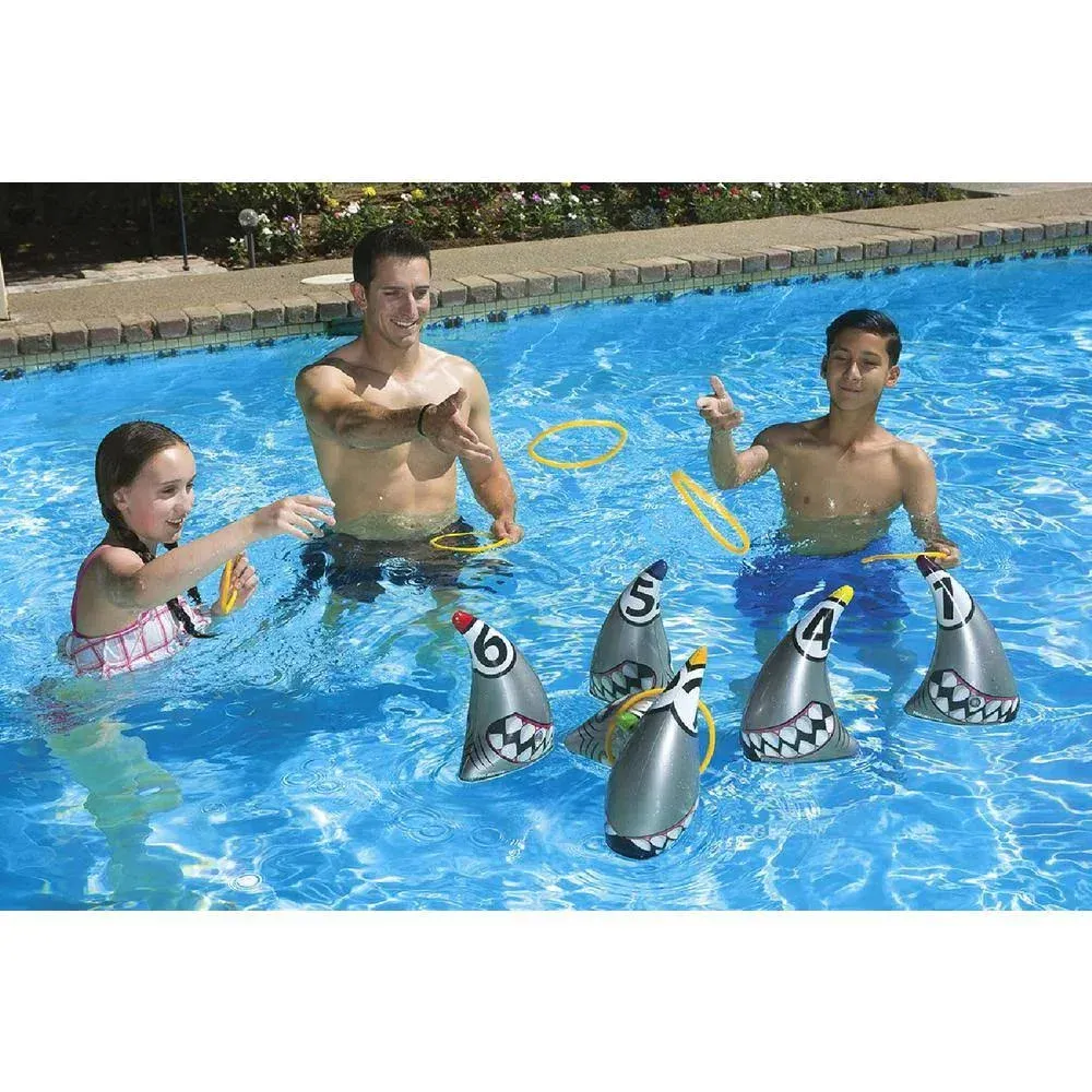 Swim Central 6ct Shark Zone Ring Toss Swimming Pool and Backyard Game 11” - Silver