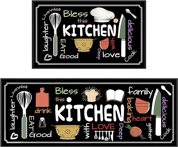 Kitchen Utensils Rugs Black Kitchen Mats for Floor 2 Piece Anti Fatigue Floor...