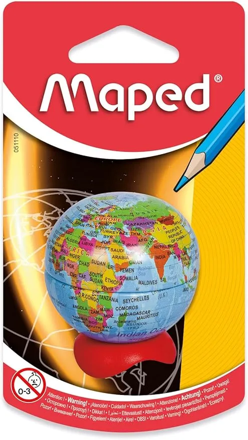 Maped Globe 1 Hole Pencil Sharpener - Compact Desk Accessory - Precise Sharpening - Educational Tool - Attractive Design & Efficient