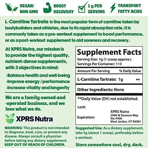 XPRS Nutra L Carnitine L Tartrate Powder - Premium Pure L Carnitine Tartrate - L-Carnitine Powder - Vegan Friendly Bulk L Carnitine Powder - Amino Acid L Carnitine Supplement (4 Ounce)