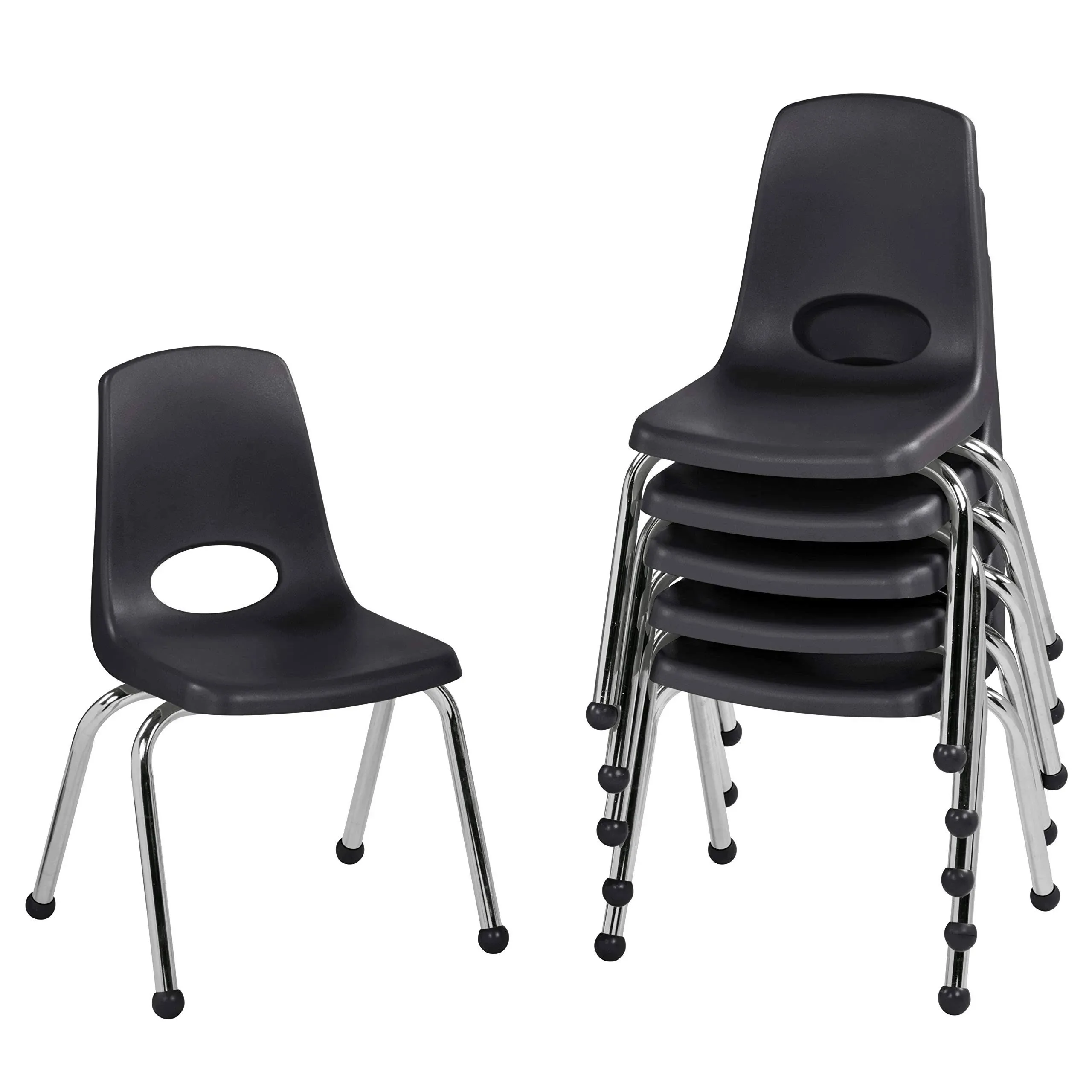 Factory Direct Partners 10363-BK 14" School Stack Chair, Stacking Student Seat with Chromed Steel Legs and Ball Glides for in-Home Learning or Classroom - Black (6-Pack)