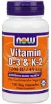 NOW Foods Vitamin D3 1000 IU und K2 45 MCG 120 Kapseln