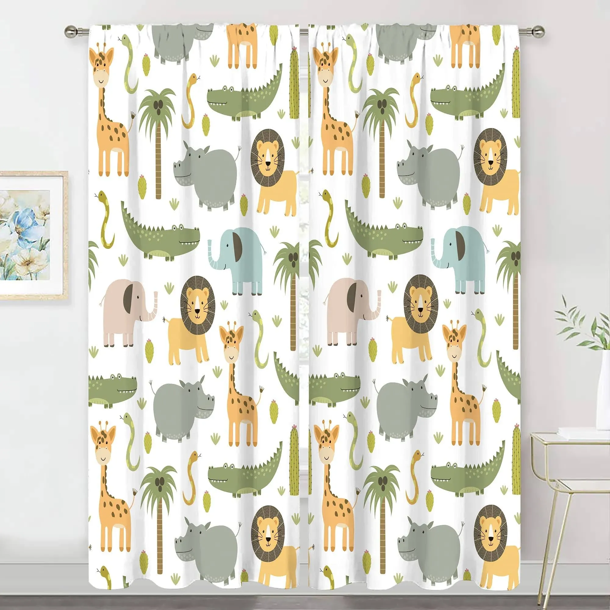 MESHELLY Baby Boy Safari Animal Curtains 52W X 84H Inch Rod Pocket Kids Room Decor Woodland Jungle Cartoon Lion Elephant Printed for Nursery Playroom Living Room Bedroom Window Drapes Fabric