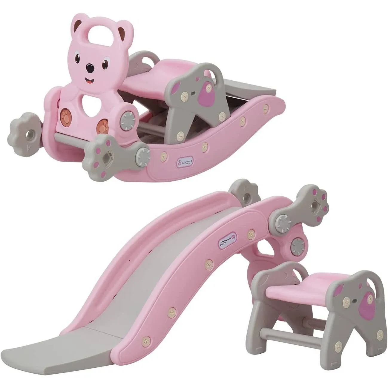 4 in 1 Rocking Horse Slide Set Toddler Climbing and Animal Rocker with Basketball Hoop and Ferrule Indoor and Outdoor for Boys and Girls Pink