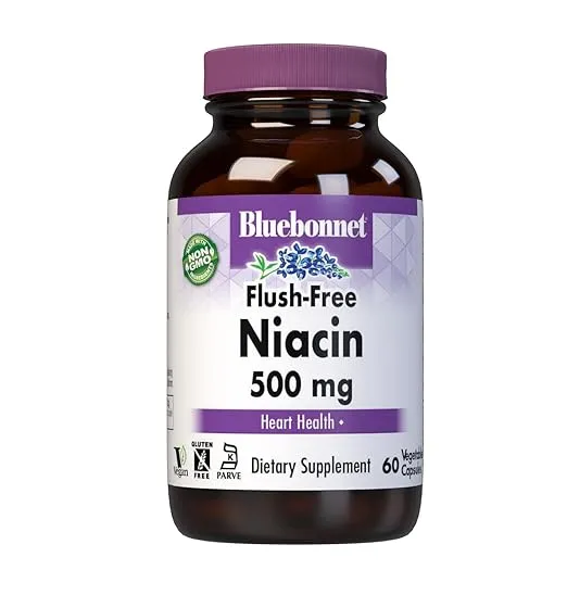 Bluebonnet Nutrition Flush-Free Niacin 500mg, for Nutritional Cardiovascular Support*, Soy-Free, Gluten-Free, Non-GMO, Kosher Certified, Dairy-Free, Vegan, 60 Vegetable Capsules, 60 Servings