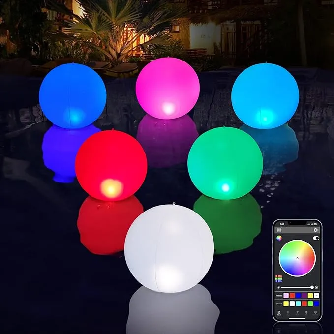 Floating Pool Lights with APP Control, 14" RGB Dimmable Solar Pool Lights That Float, Inflatable Waterproof Light Up Solar Floating Pool Balls, Float or Hang in Pool Backyard Party Decor-2PCS