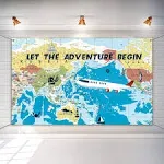 Adventure Awaits Backdrop Large Travel Theme Banner Decoration Let The Adventure Begin World Map Dessert Table Background Photobooth Prop 6 x 3.6 Feet