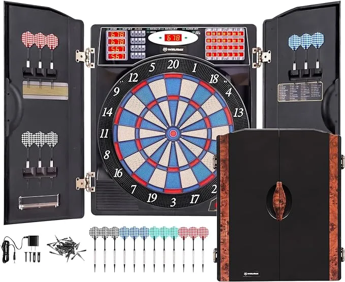 WIN.MAX Electronic Dart Board Cabinet Set, LED Electric Digital Soft Tip Dart Boards for Adults with Cabinet, up to 16 Players, 38 Games and 211 Variations with 12 Soft Tip Dartboard Set