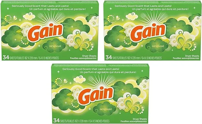 Gain Dryer Sheets - Original Scent - 34 Count Sheets Per Box - Pack of 3 Boxes