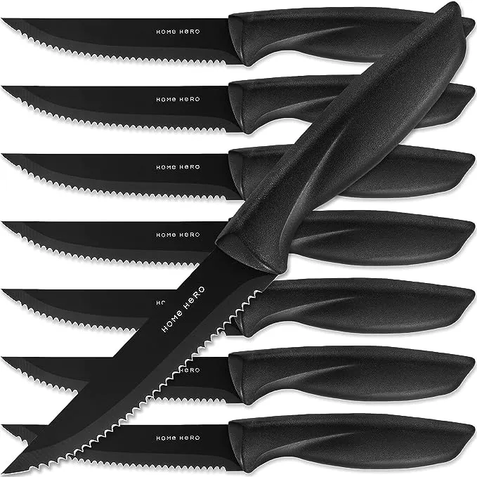 Home Hero - Steak Knives - Serrated Kitchen Steak Knives Set - Dishwasher Safe - 8 Pcs, Black