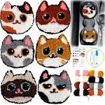 XEFINAL 6 Set Punch Needle Coasters Kit Cat Shaped Punch Needle Embroidery Kit for Beginners and Adults with Yarns Instruction Patterns Hand Tools