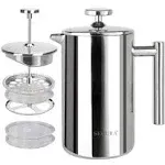 Secura French Press Coffee Maker, 304 Grade Stainless Steel Insulated Coffee Press with 2 Extra Screens, 12oz (0.35 Litre), Silver (SFP-12DS)