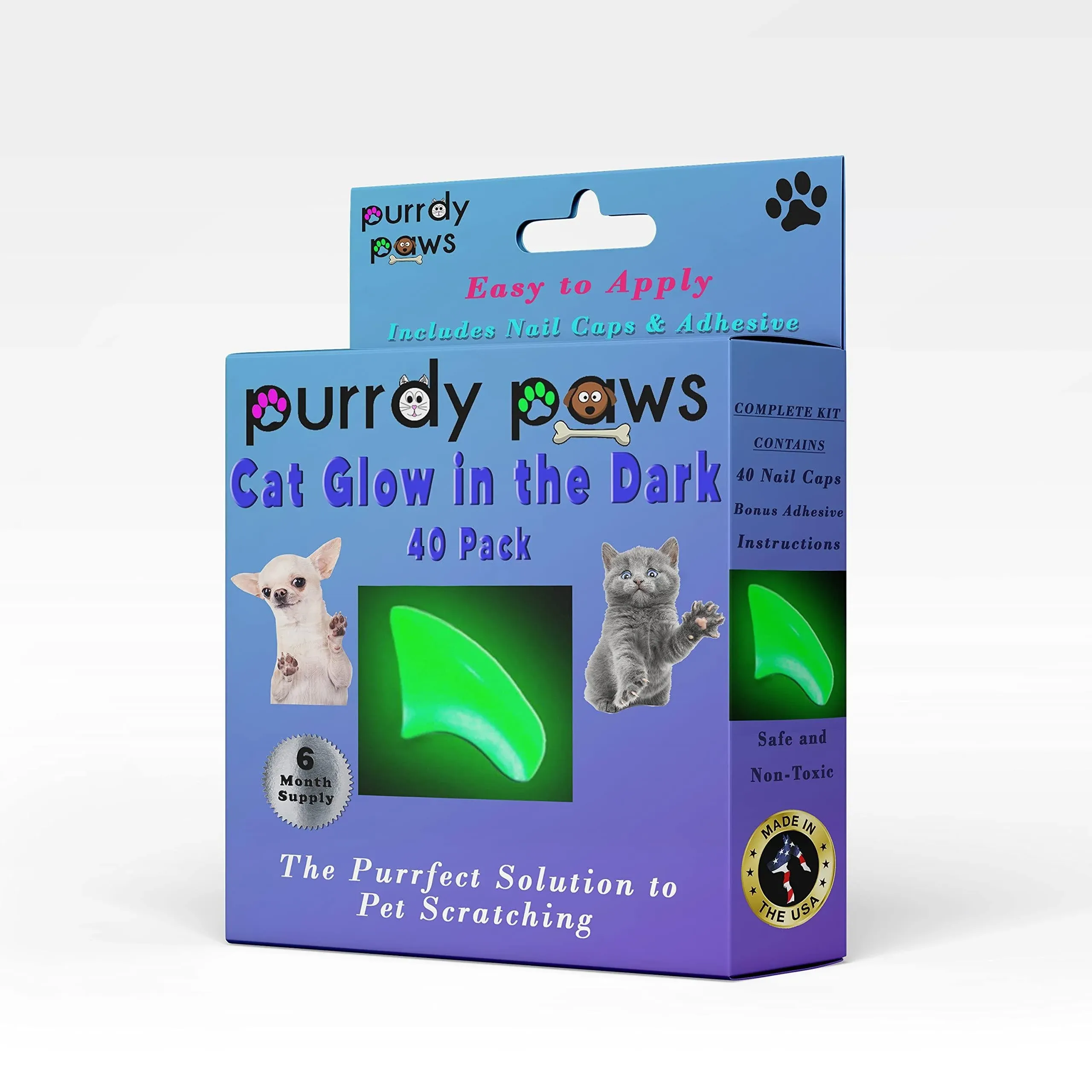 Purrdy Paws 6 Month Supply Soft Nail Caps for Cats Green Glow in The Dark Medium ...