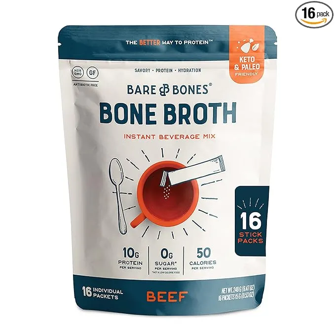 Bare Bones Bone Broth Instant Powdered Beverage Mix, Beef, Pack of 8