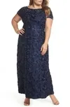 Alex Evenings Women's Long Rosette Lace Cap Sleeve Gown 