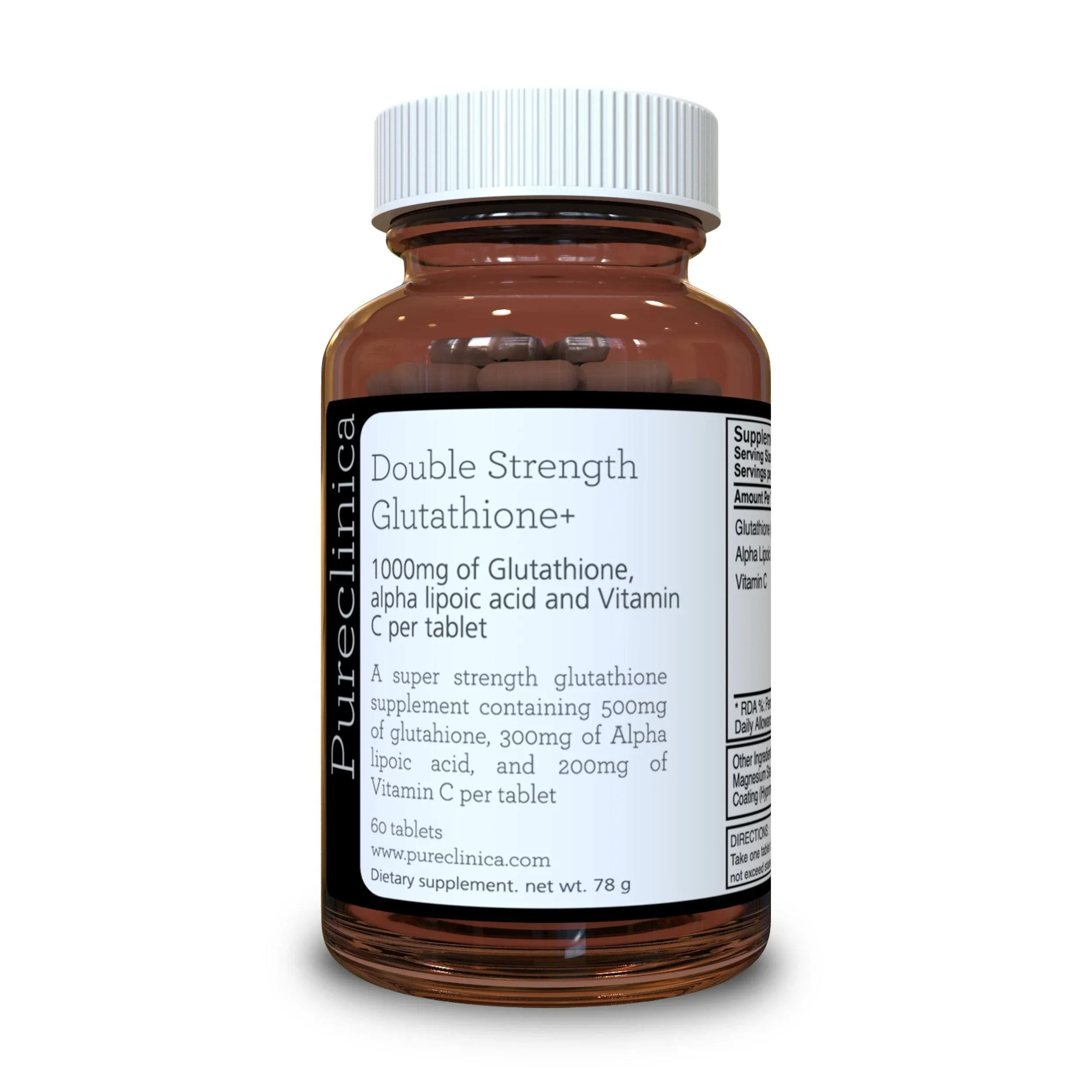 Pureclinica Glutathione 1000mg x 60 Tablets. with 500mg Glutathione, 300mg Ala, and 200mg Vitamin C per Tablet.