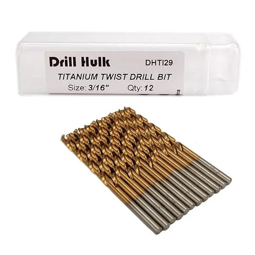 Drill Hulk Pack of 12, 3/16-Inch Titanium Nitride Coated Drill Bit, Premium M2 High Speed Steel, Jobber Length, for Metal, Plastic, Wood