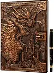 DND Notebook / Journal, Unique 200 Page Book with 3D Bronze Dragon Embossed Faux Leather Cover with Pen- Ideal for Dungeons & Dragons / D&D. Great RPG Accessories Gift for DM's & Players, Men or Women