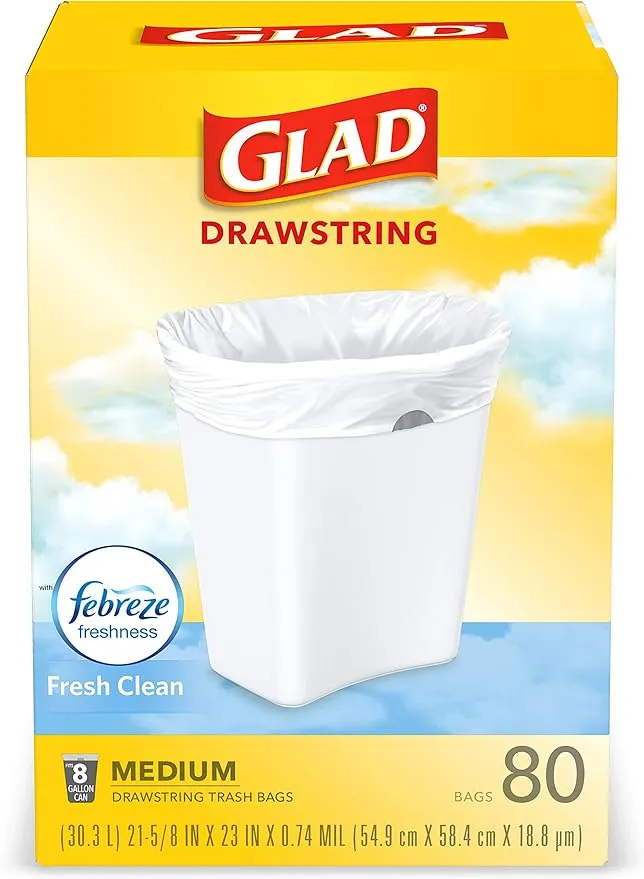 Glad Medium Kitchen Drawstring Trash Bags 8 Gallon White Trash Bag, Fresh Clean Scent, 80 Count