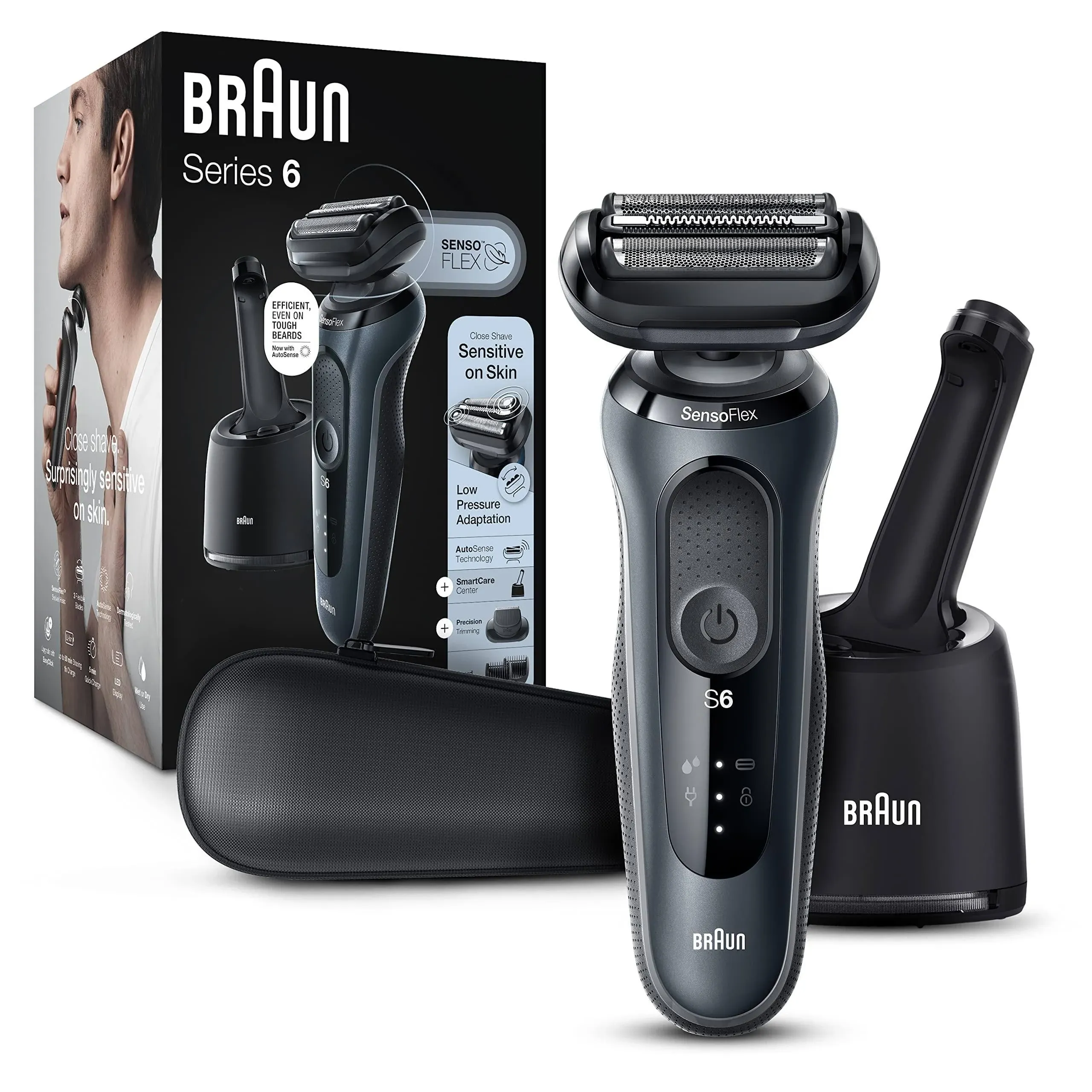 Braun Electric Razor for Men, Waterproof Foil Shaver, Series 6 6075cc, Wet & Dry Shave, Beard Trimmer, Clean & Charge Smartcare Center, Leather Travel