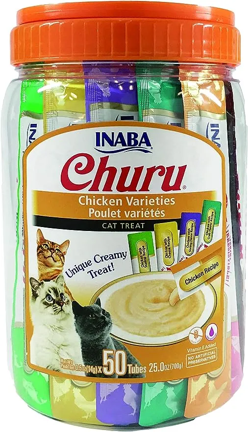 INABA Churu Cat Treats, Grain-Free, Lickable, Squeezable Creamy Purée Cat Treat/Topper with Vitamin E & Taurine, 0.5 Ounces Each Tube, 50 Tubes, Chicken Variety