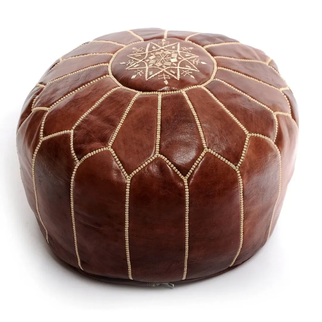 STUFFED Moroccan Dark Tan Leather Poufs, HANDMADE Leather Ottoman