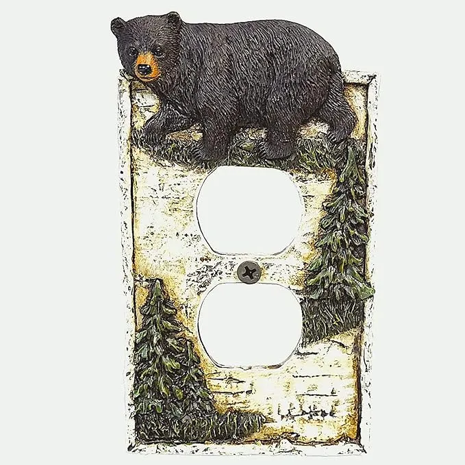 BestGiftEver Black Bear Duplex Outlet Cover with Pine Trees: Rustic Birch Tree Decorative Wall Plate - Woodland Nature-Inspired Home Decor - Rustic Cabin & Lodge Decor