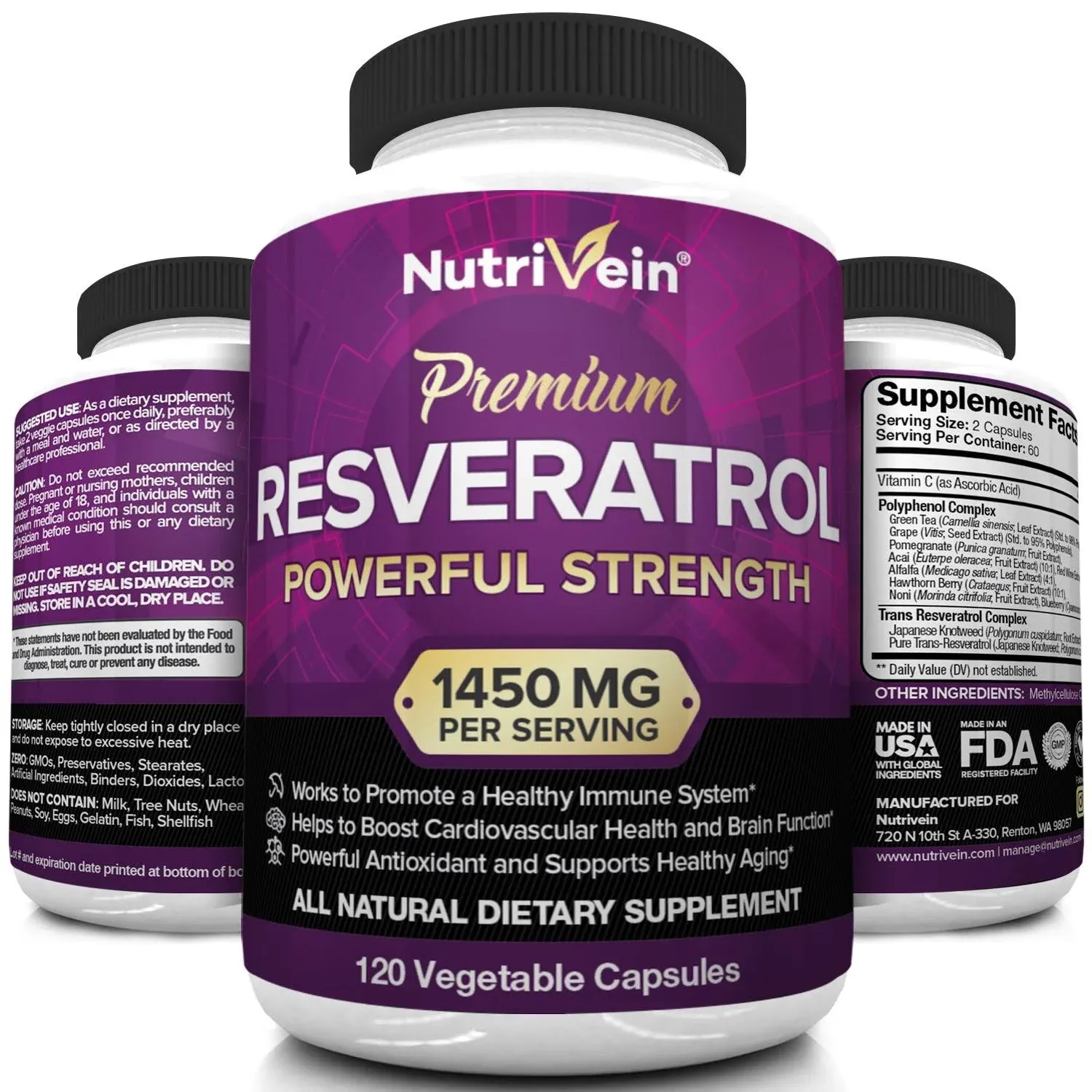 Nutrivein Resveratrol 1450mg - Antioxidant Supplement 120 Capsules – Supports Healthy Aging and Promotes Immune, Brain Boost and Joint Support - Made with Trans-Resveratrol, Green Tea Leaf, Acai Berry