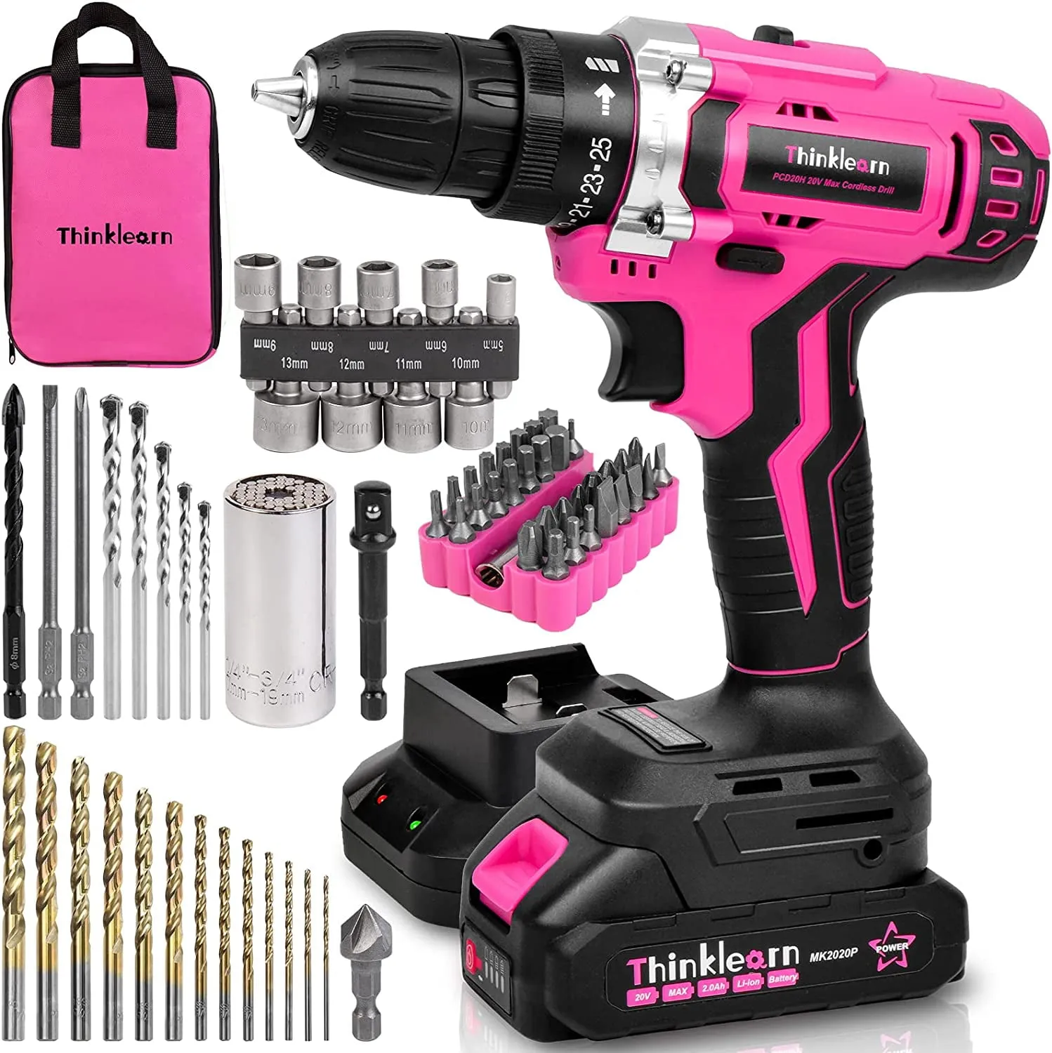 Pink Cordless Drill Set, 20V Lithium-ion Power Drill Set for Women with 67Pcs Drill Driver Bits, 3/8"Keyless Chuck, 25+1 Position Electric Drill, 2.0Ah Battery, Fast Charger and Storage Bag Included