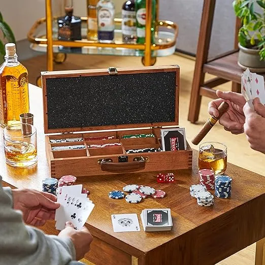 Foster & Rye Wooden Poker Sets with Case - Poker Kit in Wooden Box Includes Two Card Decks, Two Dice, Poker Chips and Storage Box
