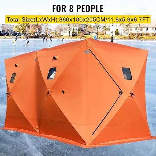 VEVOR Portable Pop-Up Ice Fishing Tent, 1-8 Person Insulated Ice Shelter, Large Fishing Area, Hub-Style Ice Shanty for Winter Fishing, Waterproof Oxford Ice Cube with Anchors/Ropes/Carrying Bag