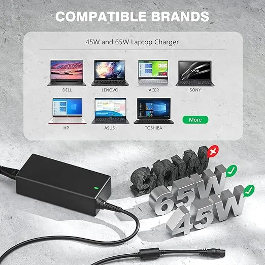 Powseed 65W 45W Universal Laptop Charger for HP Dell Samsung Sony Acer Asus Toshiba ThinkPad Fujitsu Notebook Ultrabook Laptop Power Cord Replacement 18V 18.5V 19V 19.5V 20V DC Power Supply AC Adapter