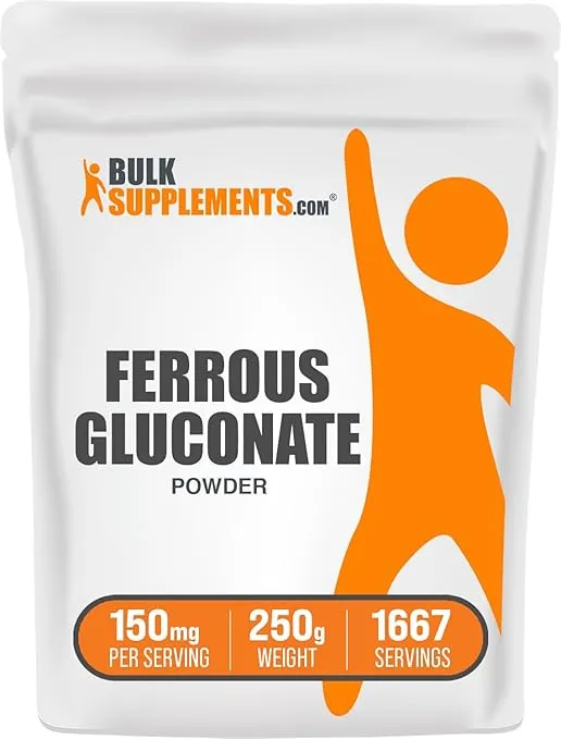 BulkSupplements.com Ferrous Gluconate Powder - Essential Mineral for Energy, Iron 18mg - Iron Supplements, Gluten Free, 150mg per Serving, 250g (8.8 oz) (Pack of 1)