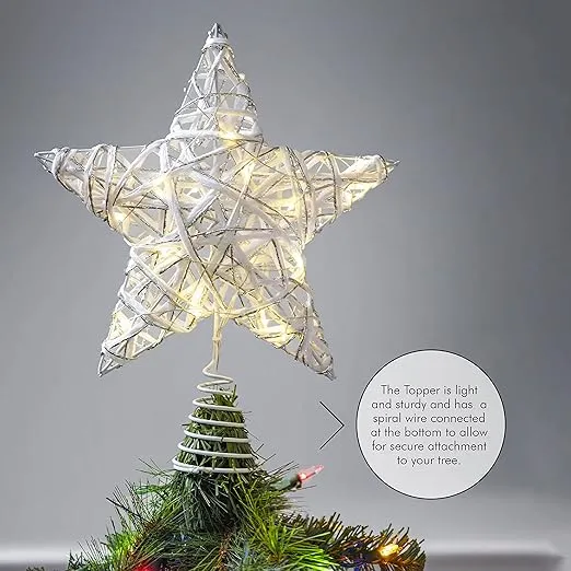 Ornativity Christmas Star Rattan Tree Topper – White and Silver Xmas Holiday Decor Rustic LED Lights Light Up Tree Top Topper Ornament Decoration 12"